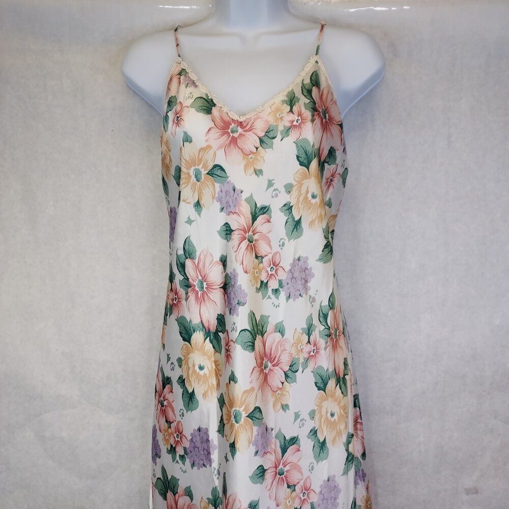 Silk & Satin Maxi Gown Women's L Lace Trim Nightgown Slip Dress Floral Coquette - Picture 2 of 16